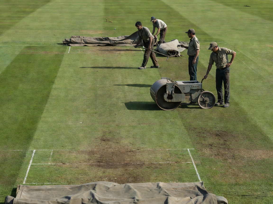 Illustration of a cricket square being prepared, with a heavy roller beside a closely mown strip and covers rolled back at the edge of the outfield