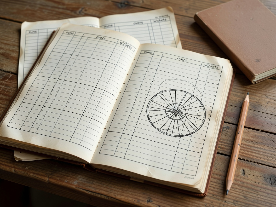 Illustration of a hand-ruled cricket scorebook open beside a pencil, showing columns for runs, overs and wickets with a wagon-wheel diagram in the margin
