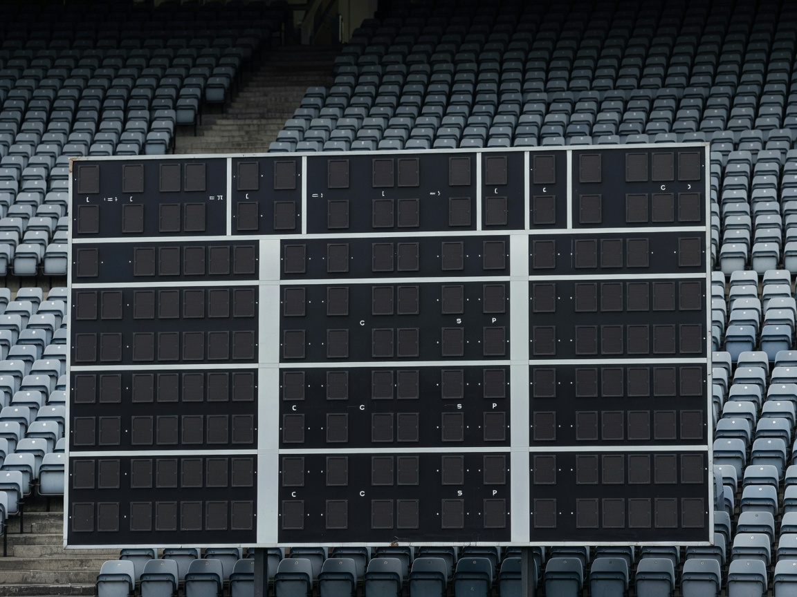 Illustration of a large cricket scoreboard panel showing innings totals, overs and wickets columns against a stand of empty seats