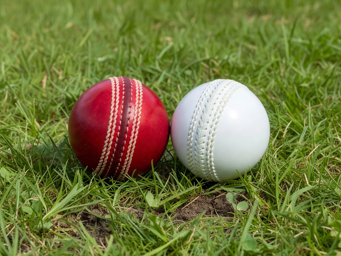 Illustration of a red cricket ball and a white cricket ball resting side by side on cut grass, each showing a raised stitched seam