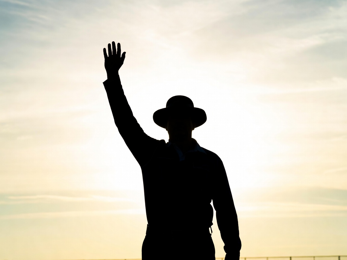 Illustration of an umpire's silhouetted raised arm signalling a decision against a bright open sky above the boundary